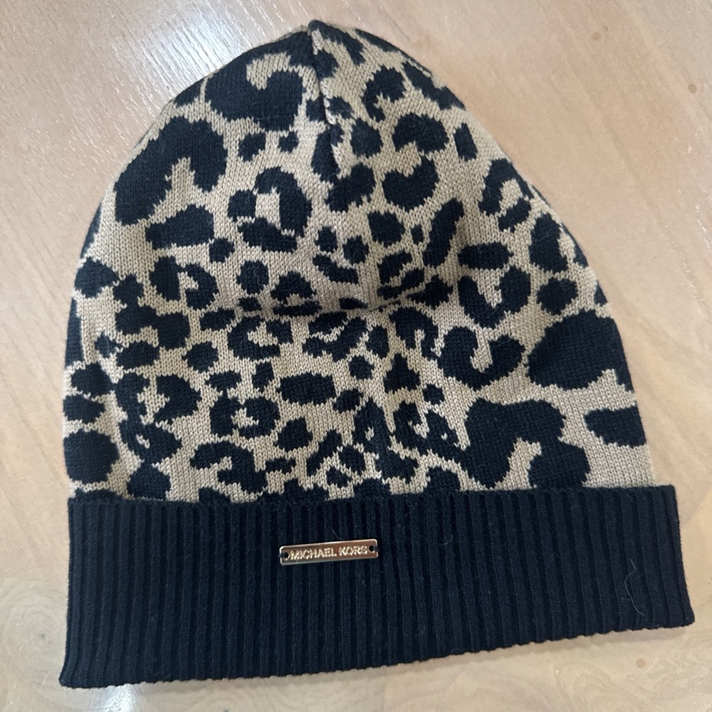 Michael Kors Black and Tan Animal Print Beanie
